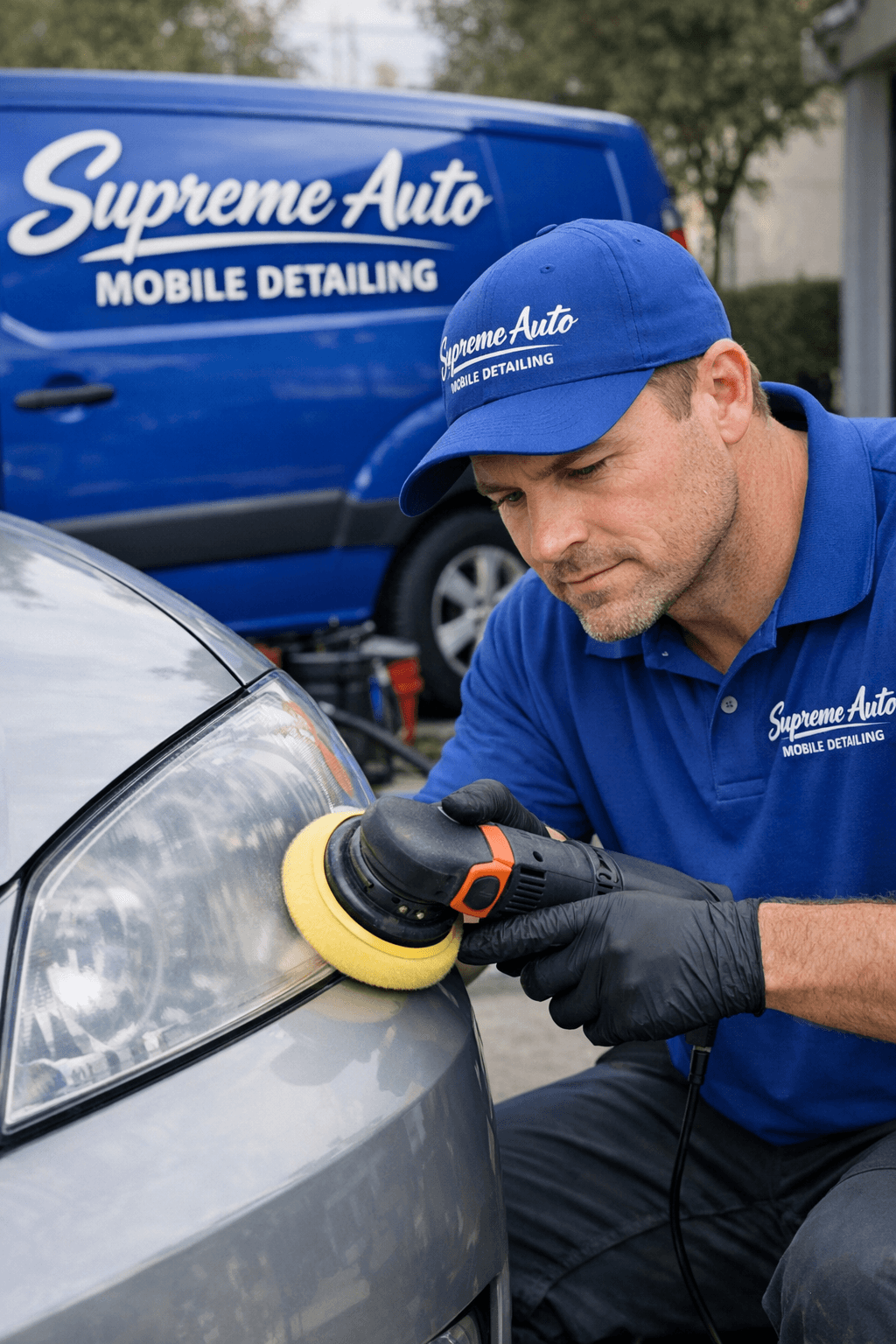 Headlight restoration — cloudy headlight being polished clear