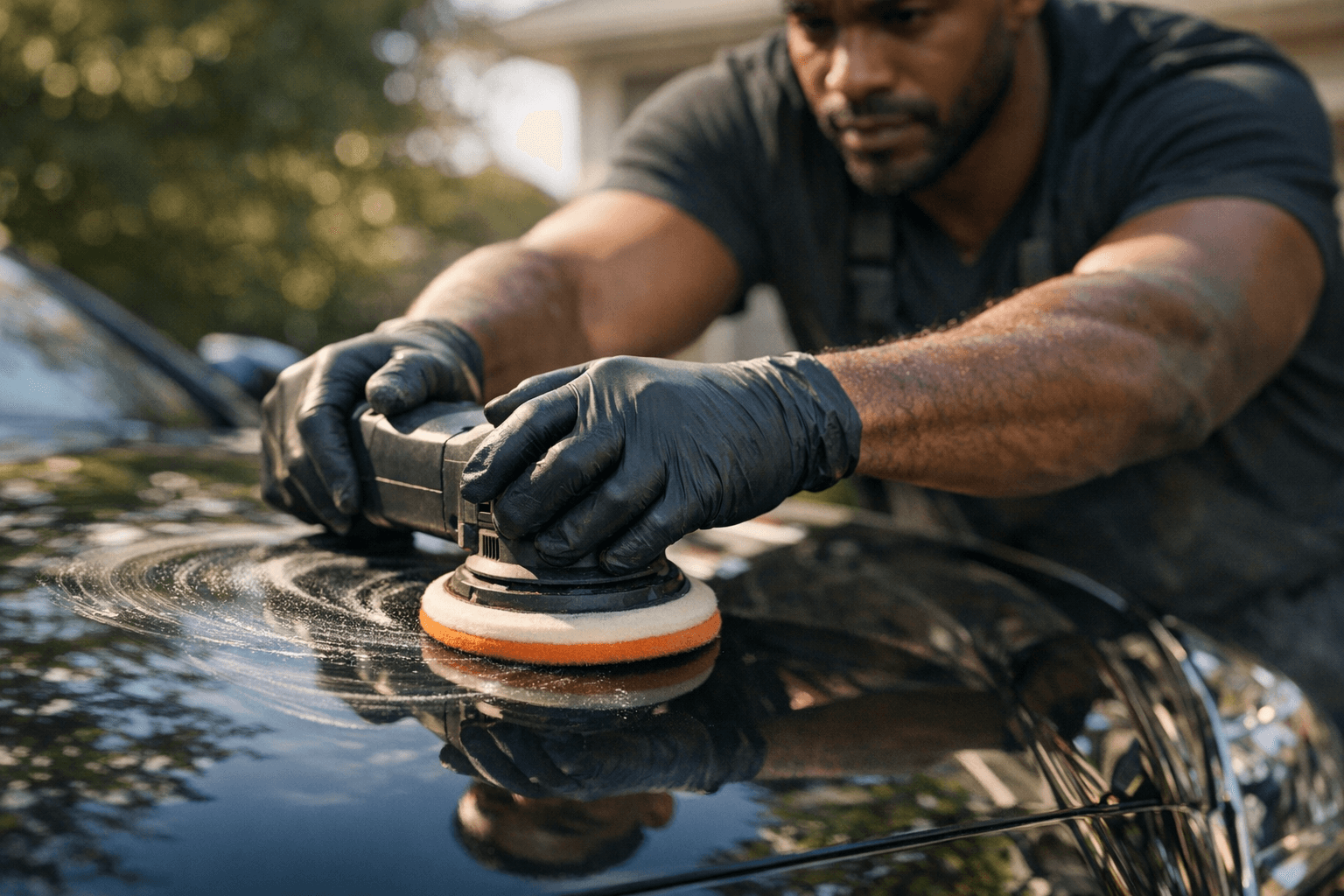 Professional mobile detailer polishing a dark-colored car outdoors