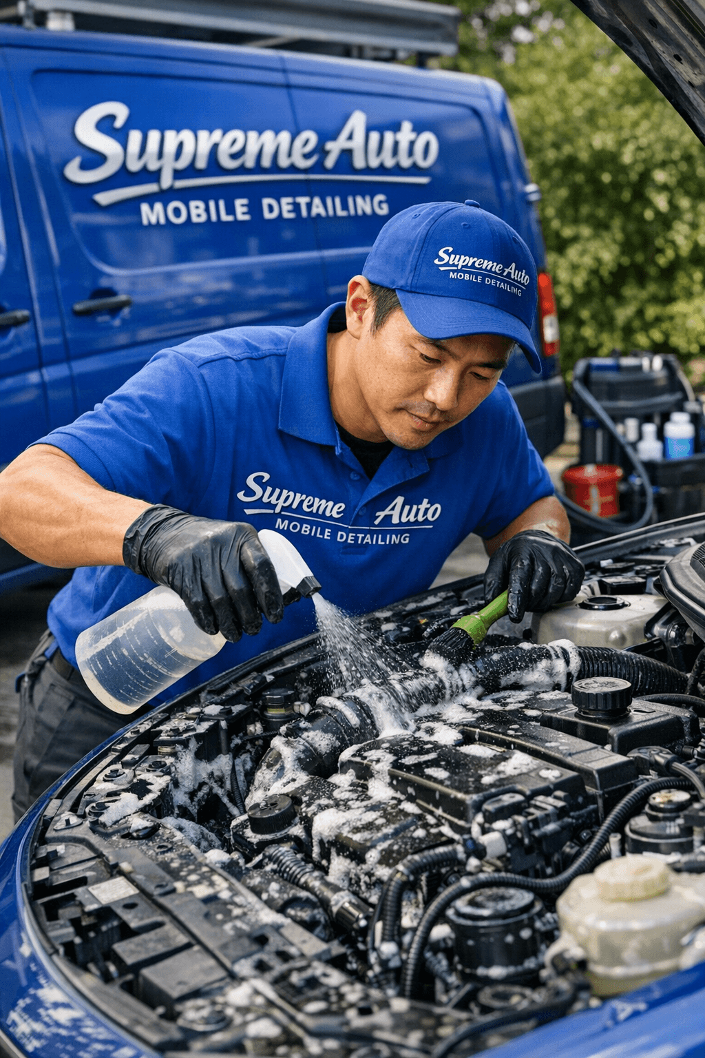 Engine bay cleaning — degreasing and detailing the engine compartment