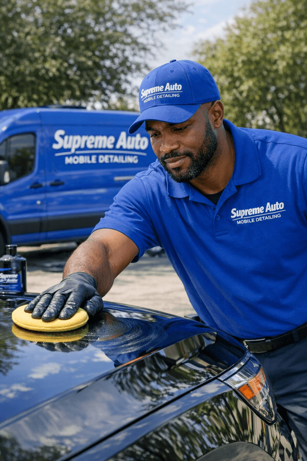 Exterior wash and wax — detailer hand-waxing a glossy dark vehicle outdoors