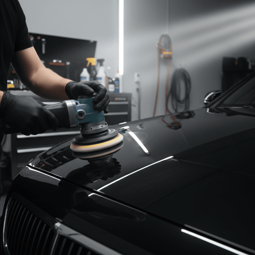 Detailer buffing a car hood with microfiber cloth