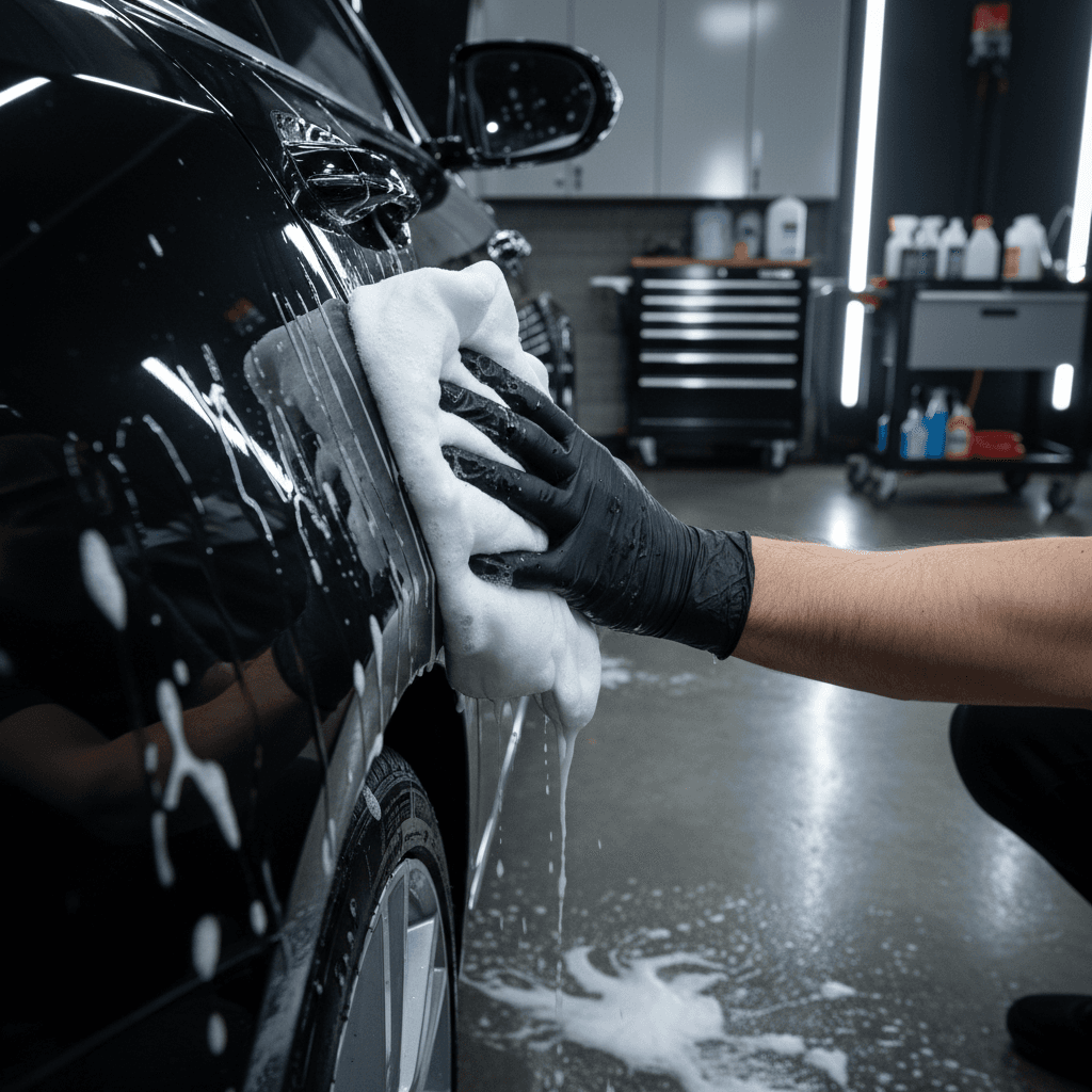 Close-up of foam cannon detailing a vehicle
